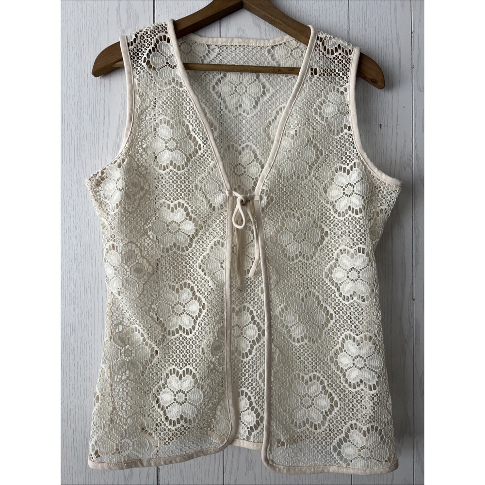 70's Vintage Cream Colored Crochet Floral Fringe Vest Boho Western Festival L